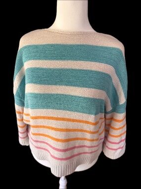 LOFT Striped Knit Sweater M Multicolor Pastel Boat Neck Lightweight Pullover